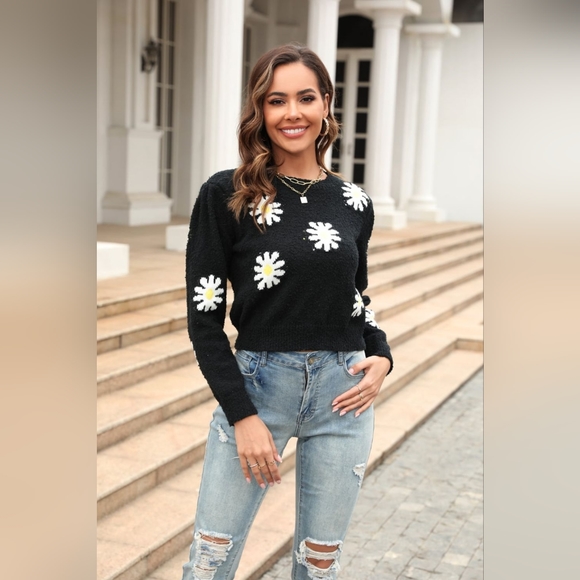 Retro Daisy Soft Teddy Knit Flower Long Sleeve Pullover Sweater Shirt Top Casual - Picture 7 of 10